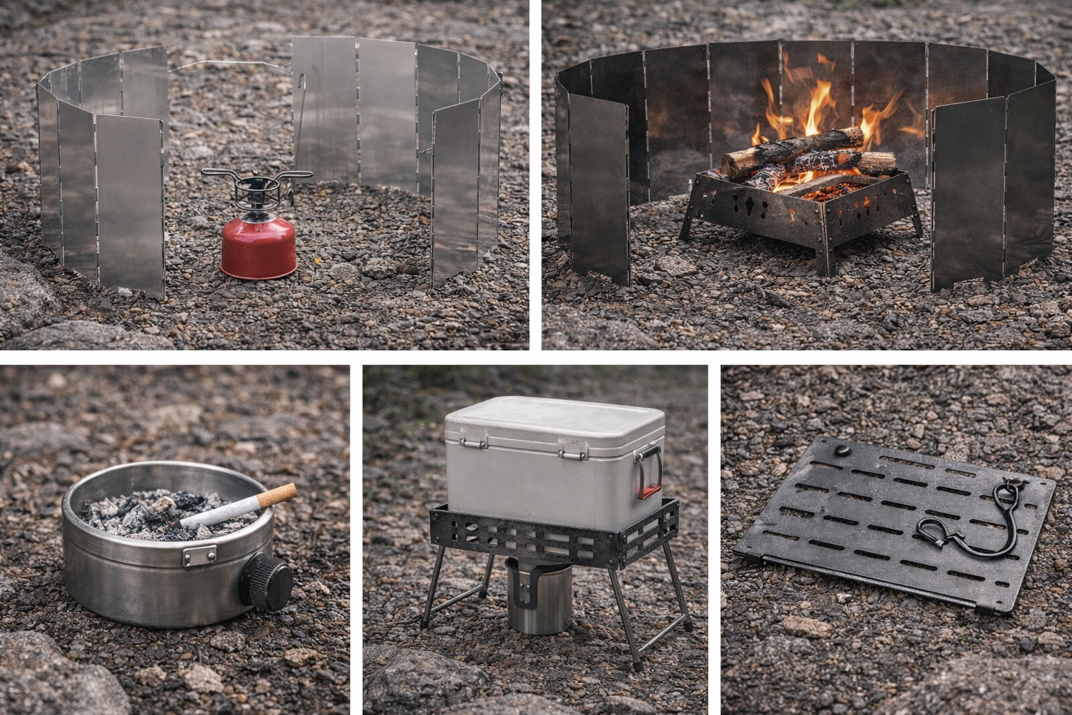 風防や灰皿、ロゴプレートなどのキャンプ向け金属加工イメージ